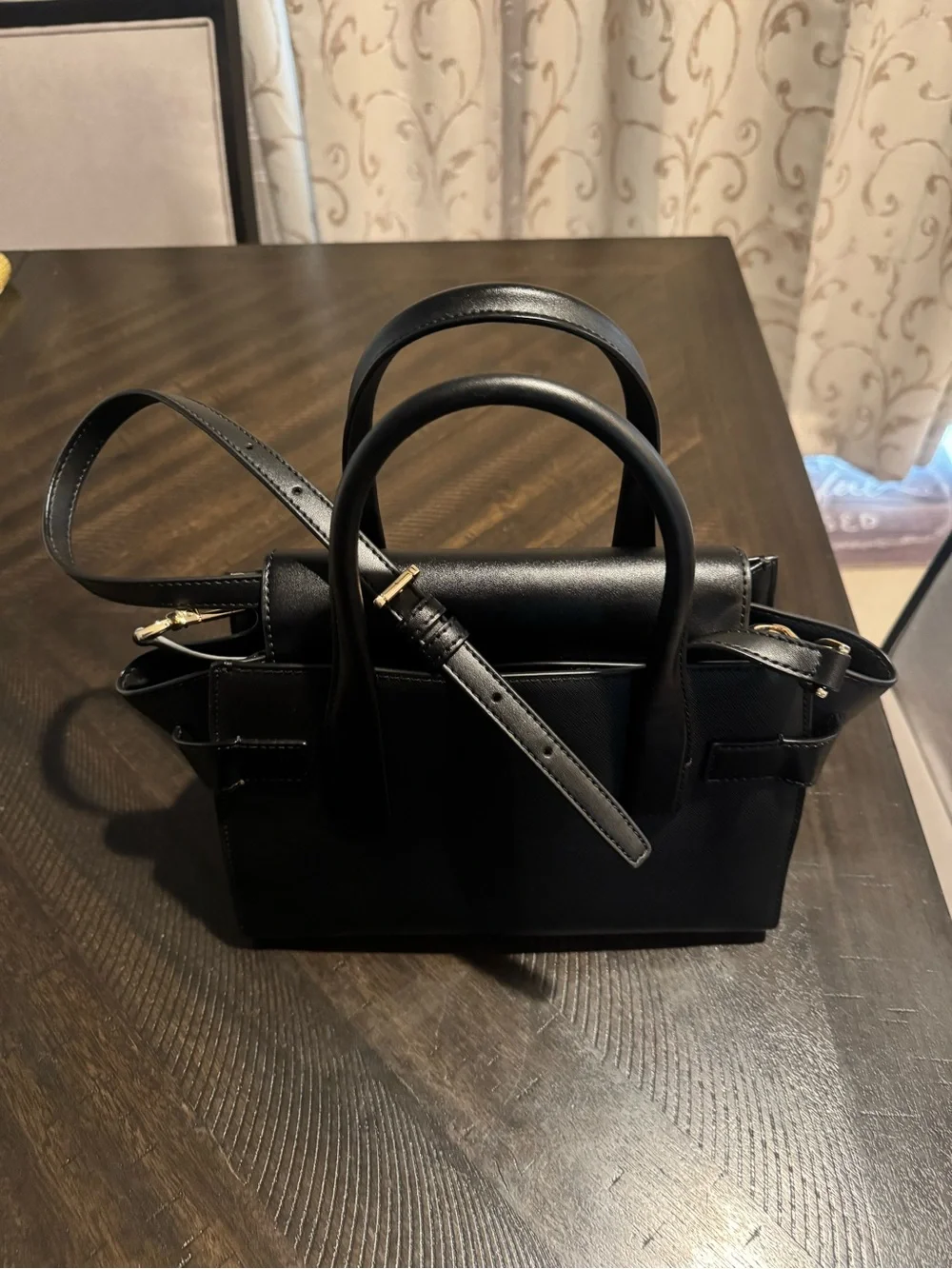 Michael Kors Black Leather Medium Satchel with Gold MK Accent